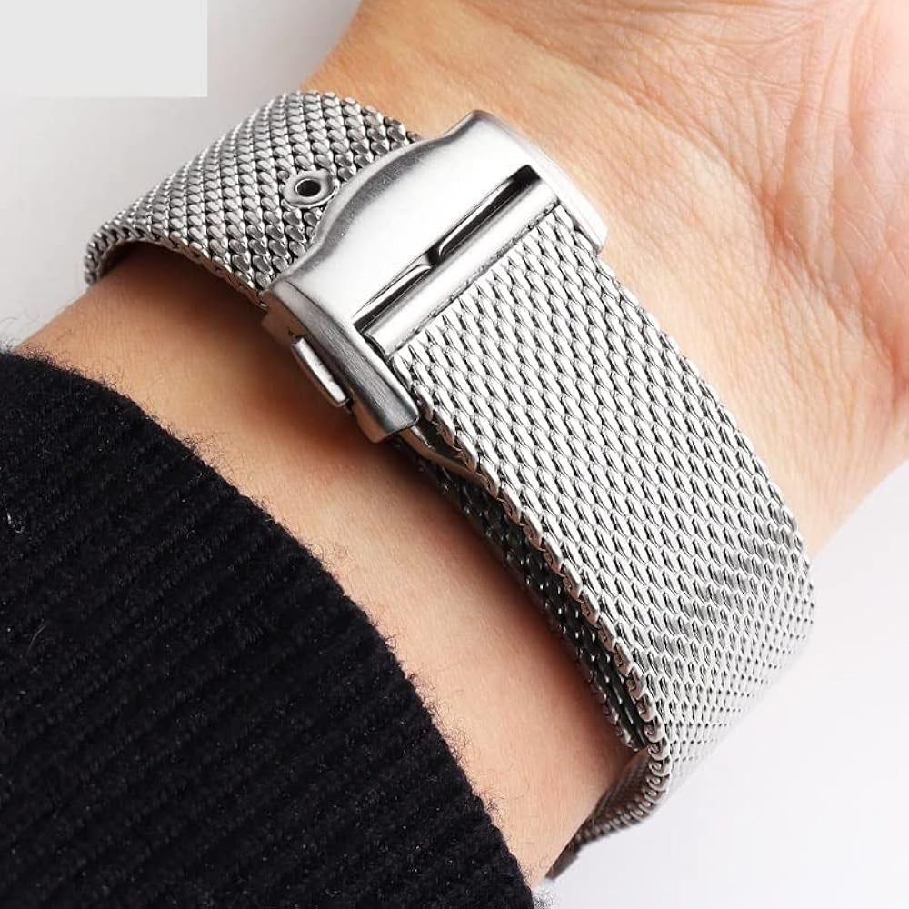 Correa de reloj tipo malla milanesa plateada con cierre ajustable - Jherr Jewelry Perú