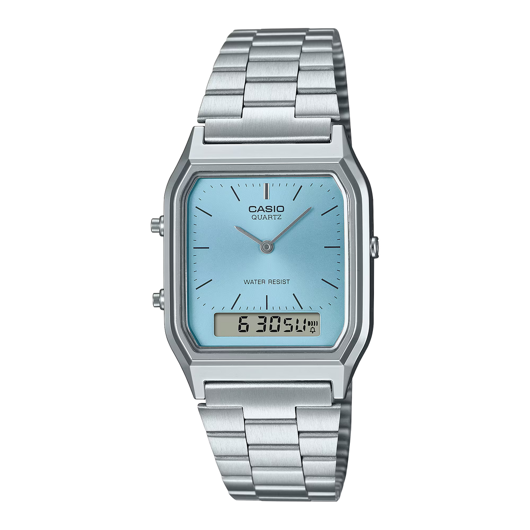 Reloj Casio AQ-230A-2A1 Original Retro - Dual Display Analógico Digital con Esfera Azul Cielo - Casio en Perú | Jherr Jewelry