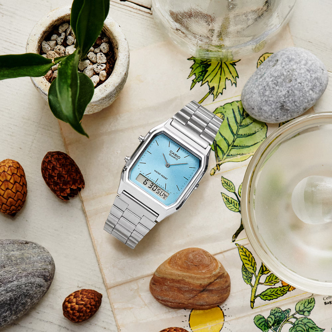 Reloj Casio AQ-230A-2A1 Original Retro - Dual Display Analógico Digital con Esfera Azul Cielo - Casio en Perú | Jherr Jewelry