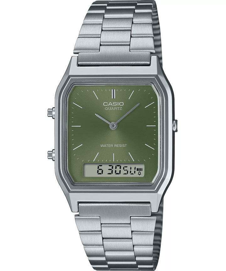 Casio Vintage AQ-230A-3A — Reloj Analógico-Digital con Esfera Verde Olivo y Pulsera de Acero