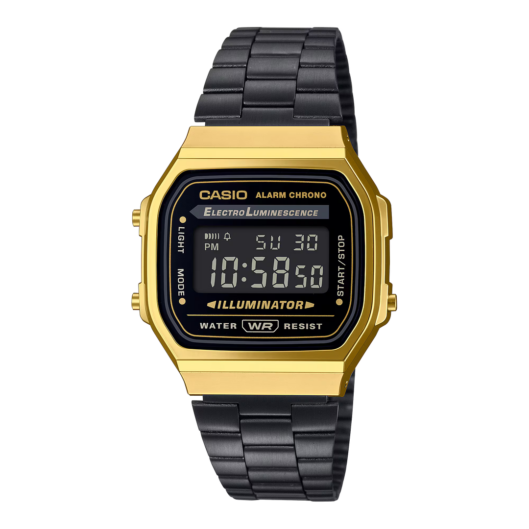 Reloj Casio Original A168WEGB-1B Negro con Detalles Dorados – Diseño Retro y Multifunción - Casio en Perú | Jherr Jewelry