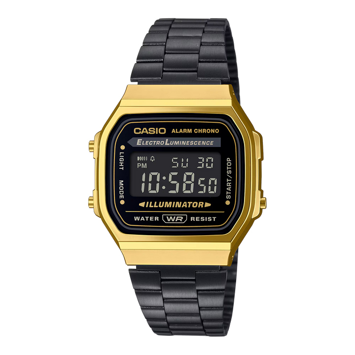 Reloj Casio Original A168WEGB-1B Negro con Detalles Dorados – Diseño Retro y Multifunción - Casio en Perú | Jherr Jewelry