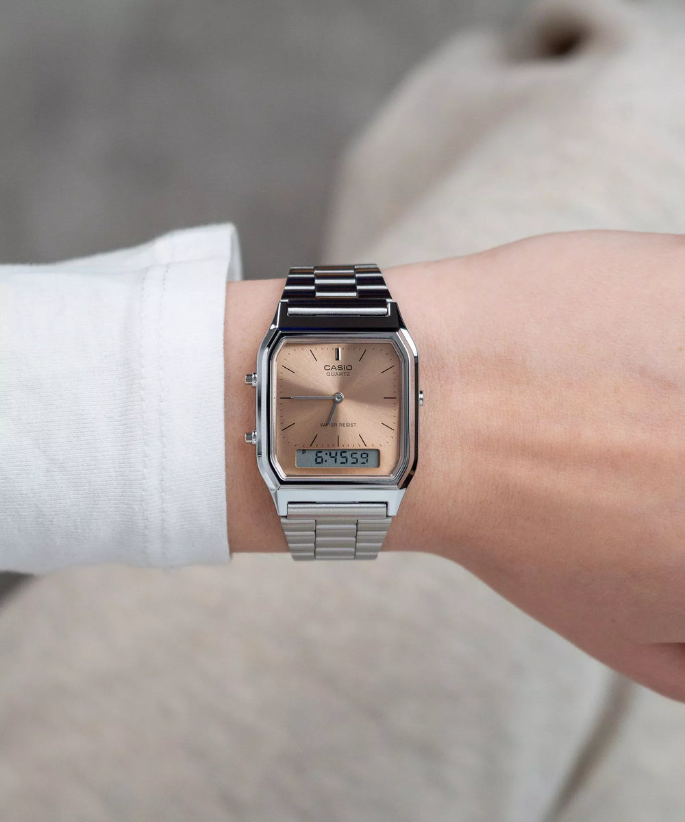 Reloj Casio AQ-230A-4A Original Retro - Dual Display Analógico Digital con Esfera Naranja - Casio en Perú | Jherr Jewelry