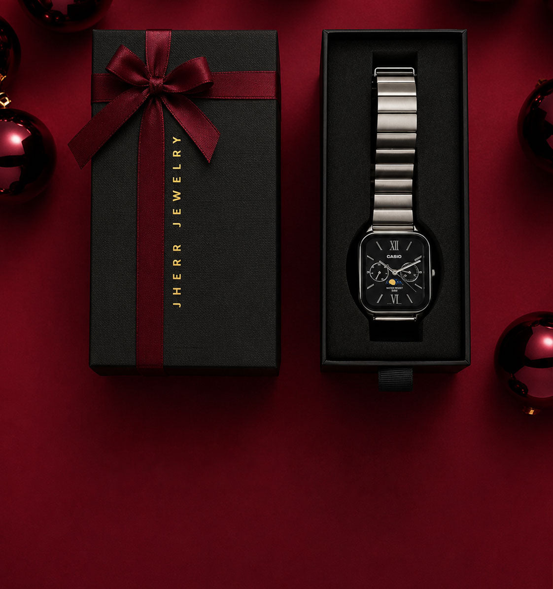 Caja de regalo Jherr Jewelry con lazo rojo vino y reloj Casio de acero para hombre, detalle elegante para regalo en Perú