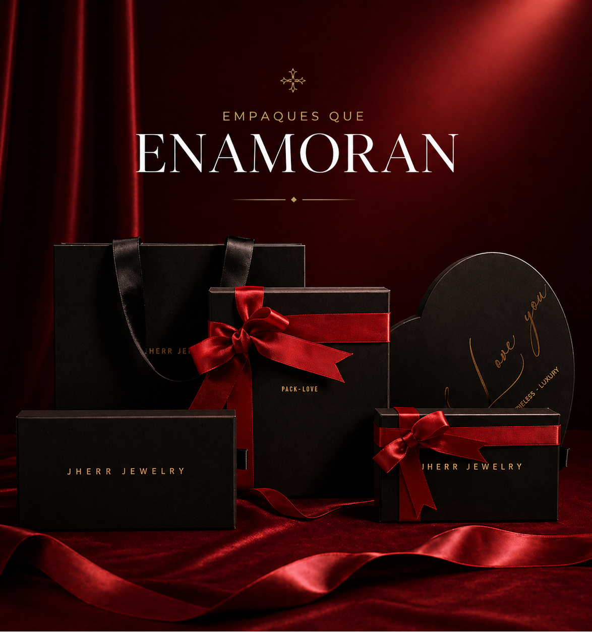 Cajas de regalo premium Jherr en color negro con lazos rojos, ideales para obsequios corporativos de empresas en Perú.