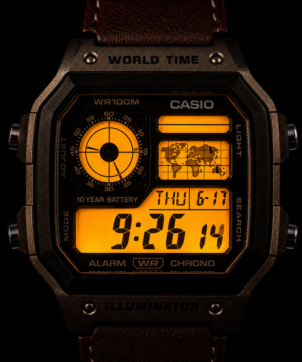 Casio AE-1200WHL-5A reloj digital iluminado con luz LED ámbar en fondo oscuro estilo retro vintage perú