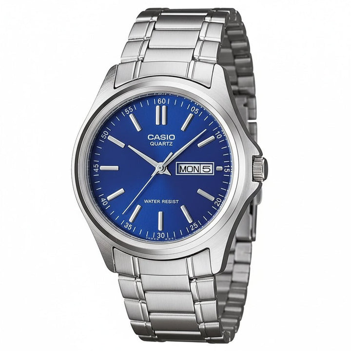 Reloj Casio MTP-1239D-2A original para hombre con esfera azul y correa de acero inoxidable plateada.