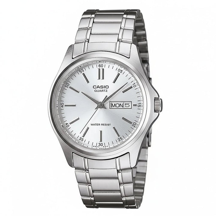 Reloj Casio MTP-1239D-7A original para hombre con esfera blanca y correa de acero inoxidable plateada.