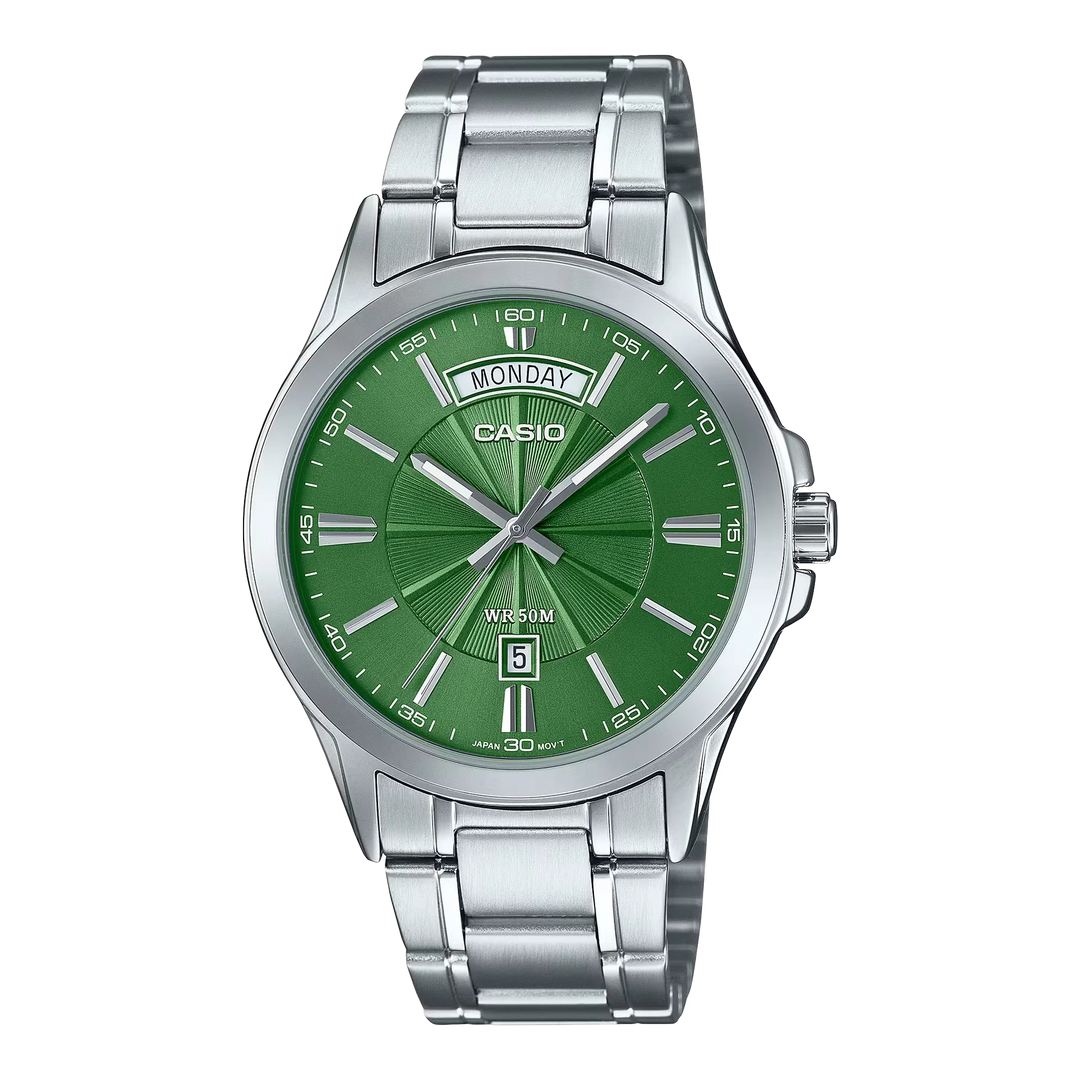 Reloj Casio MTP-1381D-3AV esfera verde con brazalete de acero analógico para hombre con fecha original con garantía en Perú
