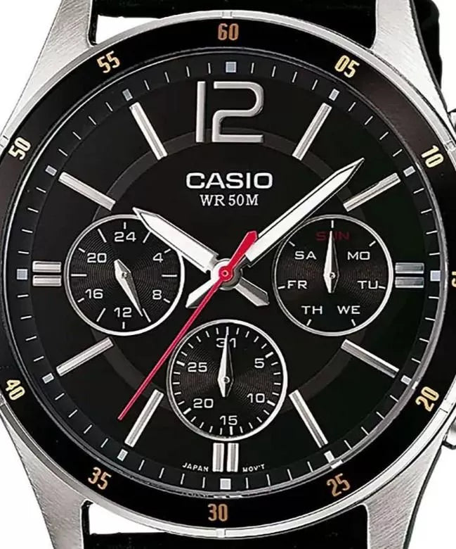 Reloj Casio Hombre MTP-1374PL-1AVEF — Multifunción Analógico Cuero Negro con Detalles Dorados