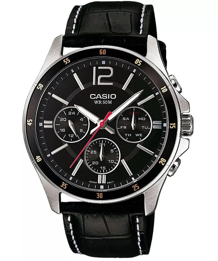 Reloj Casio Hombre MTP-1374PL-1AVEF — Multifunción Analógico Cuero Negro con Detalles Dorados