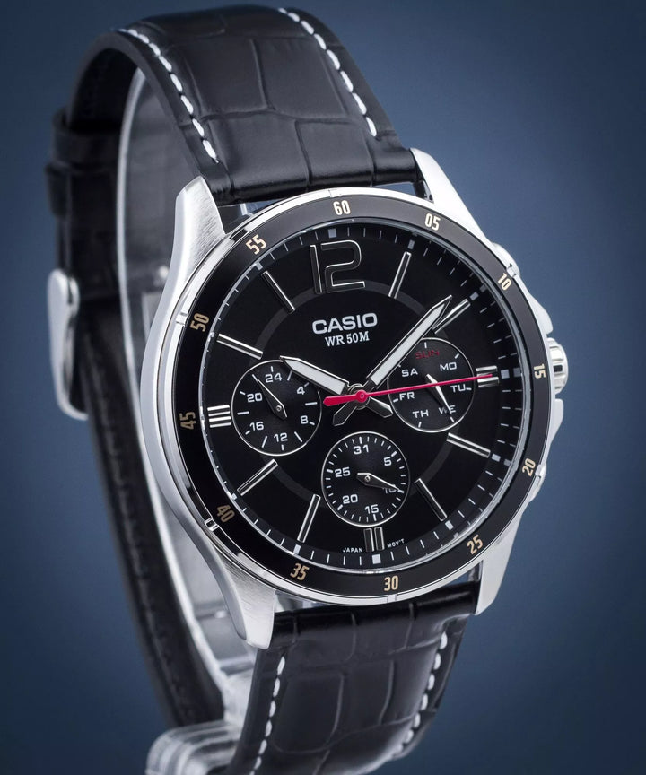 Reloj Casio Hombre MTP-1374PL-1AVEF — Multifunción Analógico Cuero Negro con Detalles Dorados