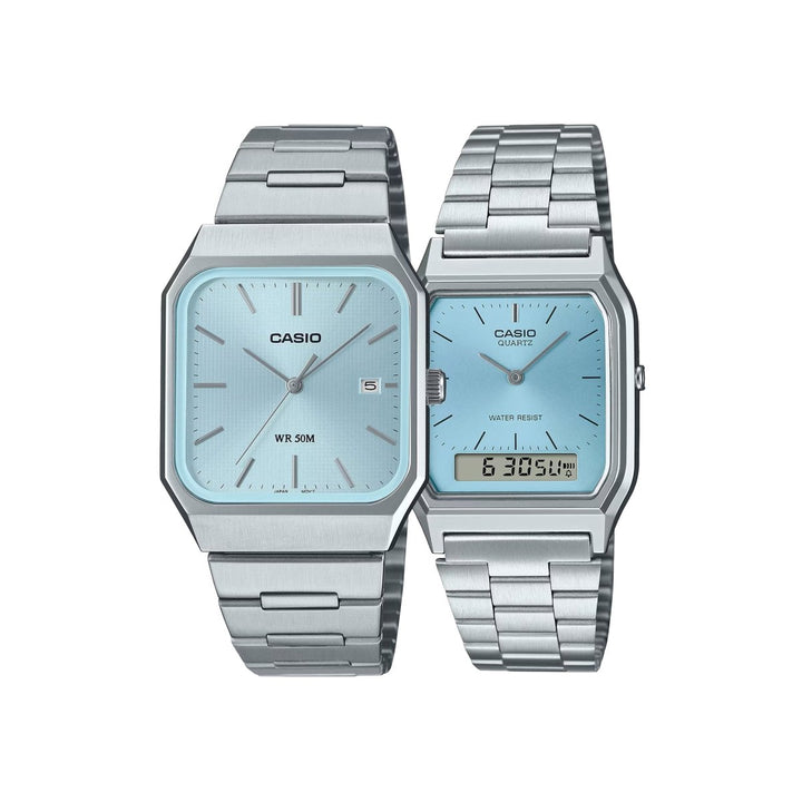 Relojes Casio de Pareja Plateados con Dial Celeste - Set Matching - Casio en Perú | Jherr Jewelry