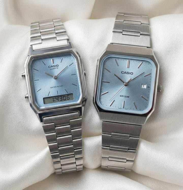 Relojes Casio de Pareja Plateados con Dial Celeste - Set Matching - Casio en Perú | Jherr Jewelry