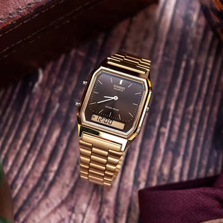 Reloj Casio AQ-230GA-5A Original Retro - Dual Display Analógico Digital Dorado - Casio en Perú | Jherr Jewelry