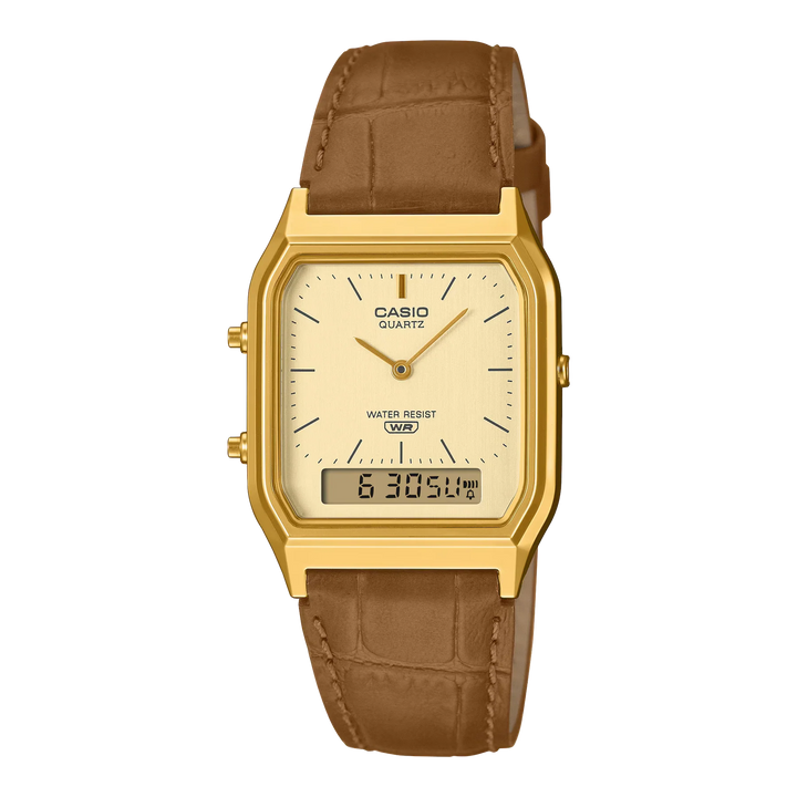 Reloj Casio AQ-230EGL-9A Original Cuero - Dual Display Analógico Digital Dorado