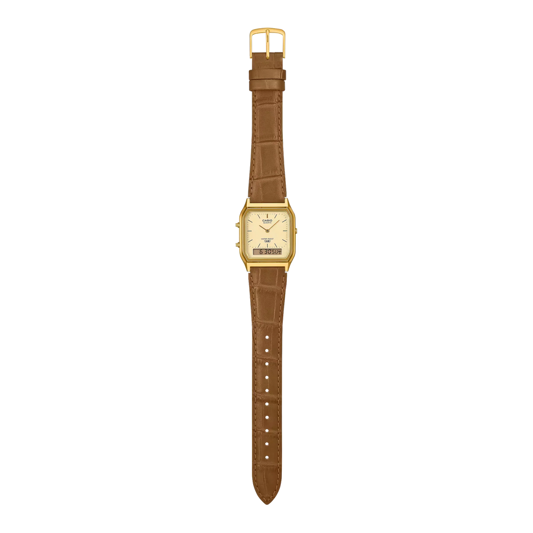 Reloj Casio AQ-230EGL-9A Original Cuero - Dual Display Analógico Digital Dorado