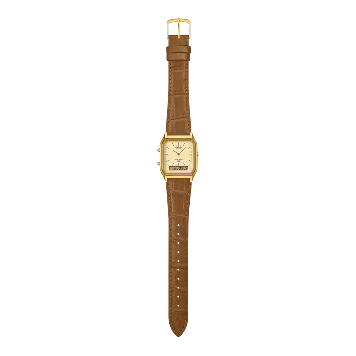 Reloj Casio AQ-230EGL-9A Original Cuero - Dual Display Analógico Digital Dorado