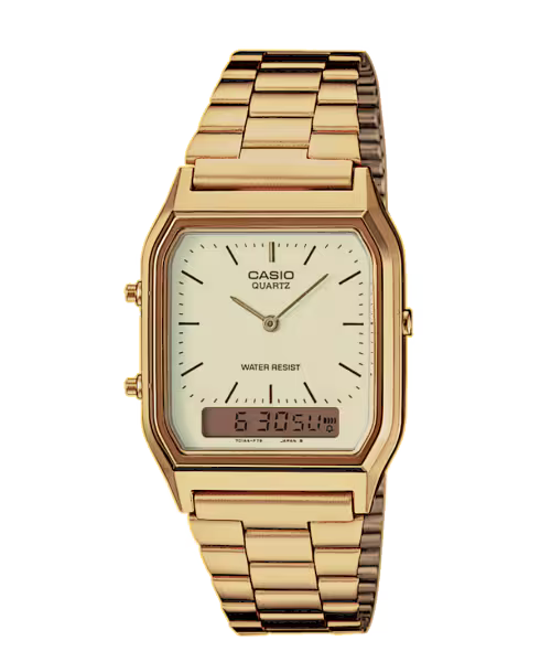 Reloj Casio AQ-230GA-9DMQ Original Retro - Dual Display Analógico Digital Dorado - Casio en Perú | Jherr Jewelry