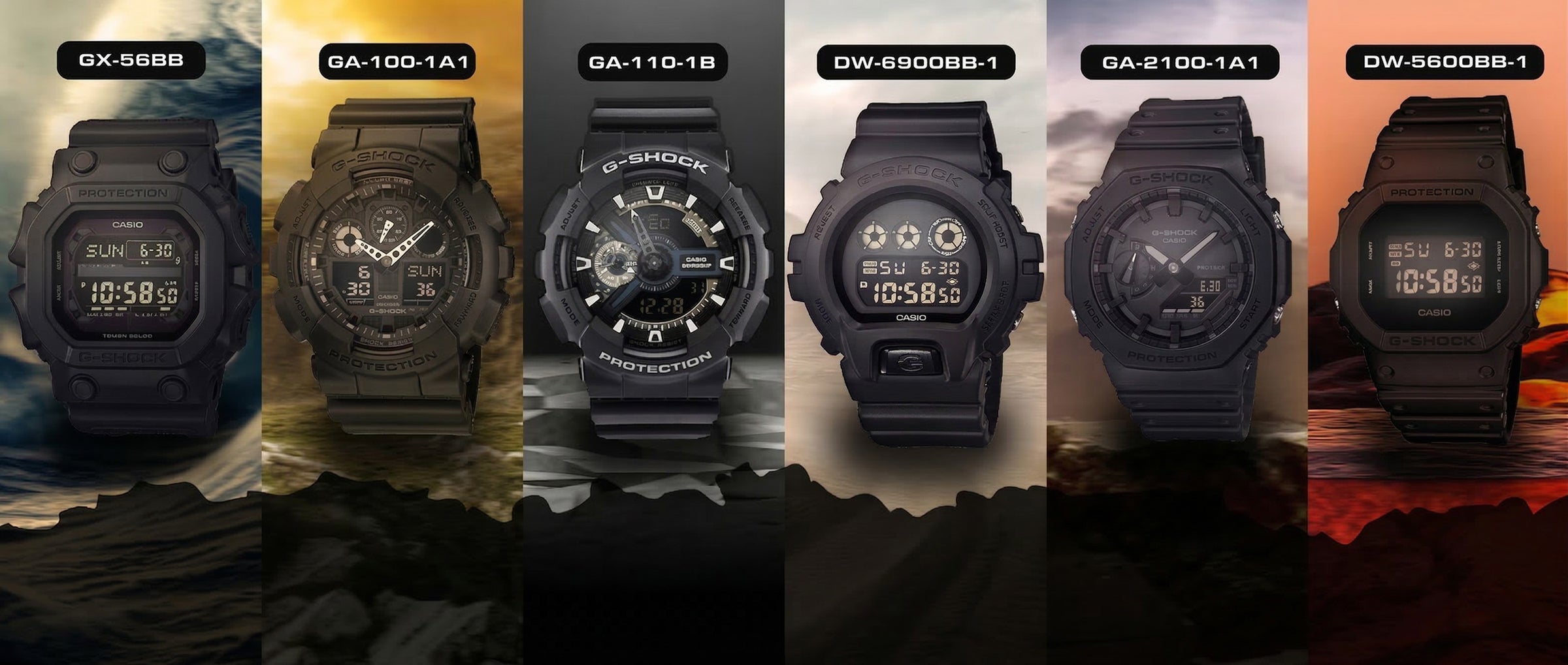 Catálogo de la colección de relojes Casio G-Shock en color negro mate, mostrando los modelos originales GX-56BB, GA-100, DW-6900 y GA-2100. Disponibles en Perú.