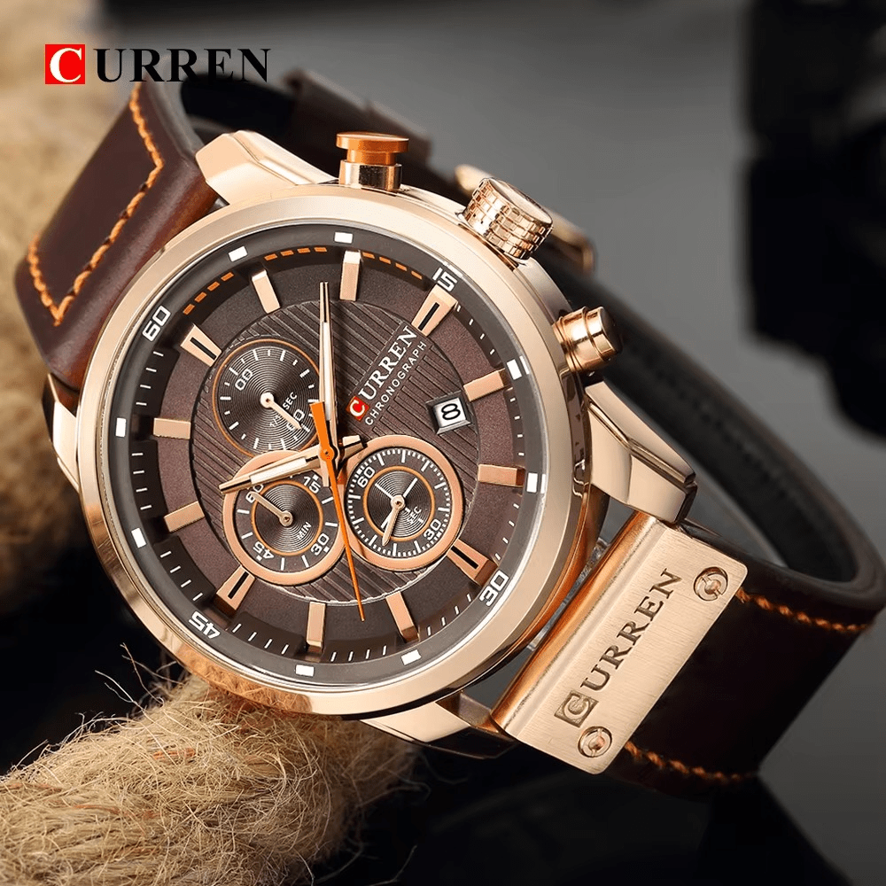 Reloj Curren Original 8291 Oro Rosa Cronógrafo con Correa Cuero Marrón - Diseño Deportivo 44mm - Curren en Perú | Jherr Jewelry