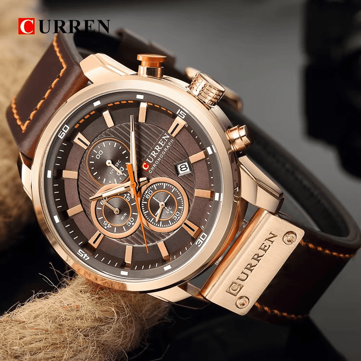 Reloj Curren Original 8291 Oro Rosa Cronógrafo con Correa Cuero Marrón - Diseño Deportivo 44mm - Curren en Perú | Jherr Jewelry