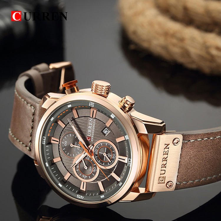 Reloj Curren Original 8291 Oro Rosa Cronógrafo con Correa Cuero Marrón - Diseño Deportivo 44mm - Curren en Perú | Jherr Jewelry