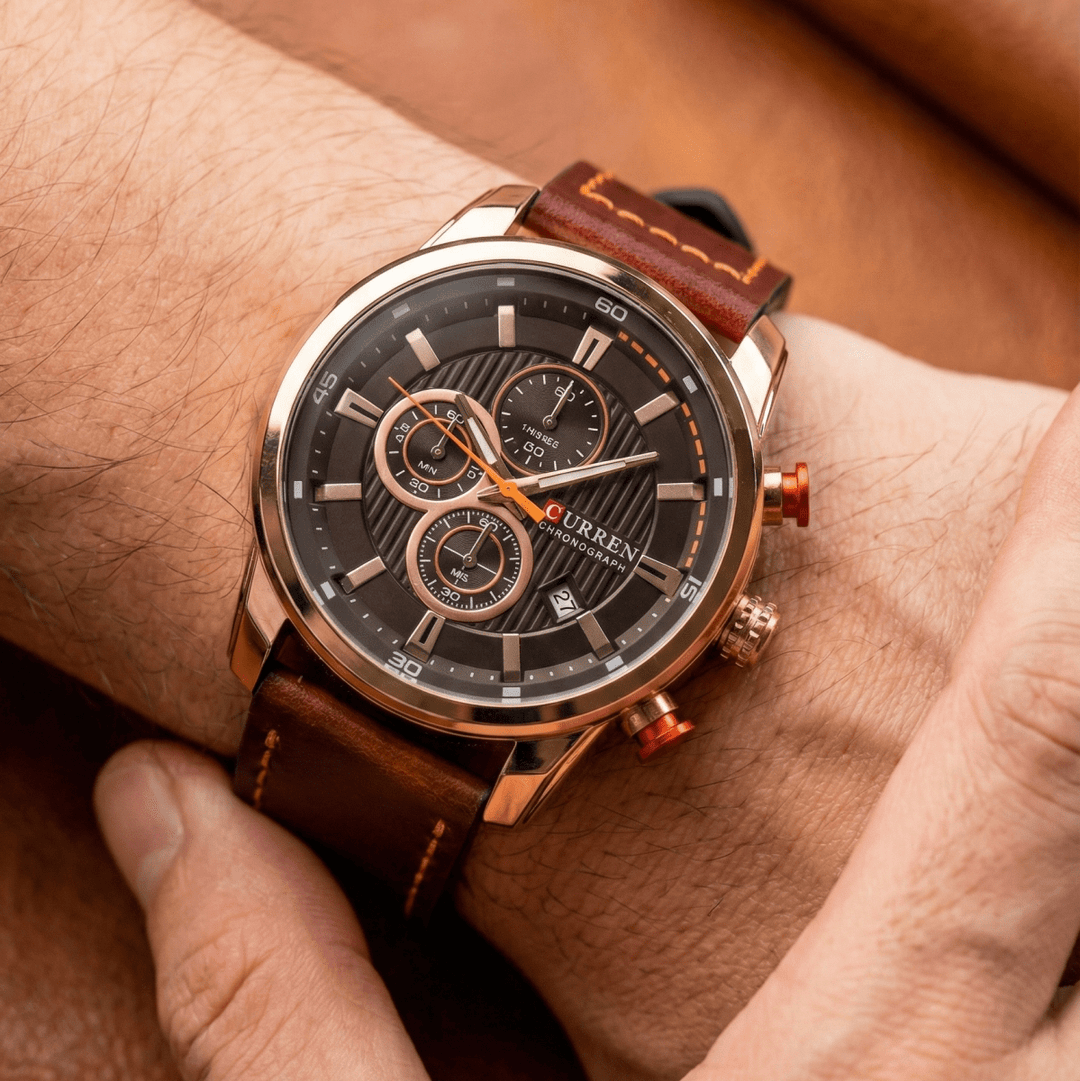 Reloj Curren Original 8291 Oro Rosa Cronógrafo con Correa Cuero Marrón - Diseño Deportivo 44mm - Curren en Perú | Jherr Jewelry