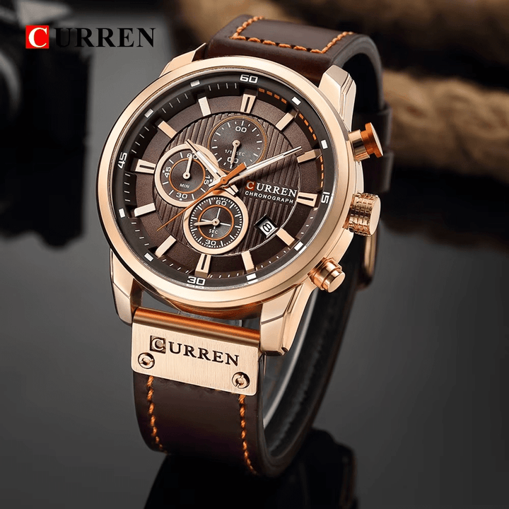 Reloj Curren Original 8291 Oro Rosa Cronógrafo con Correa Cuero Marrón - Diseño Deportivo 44mm - Curren en Perú | Jherr Jewelry