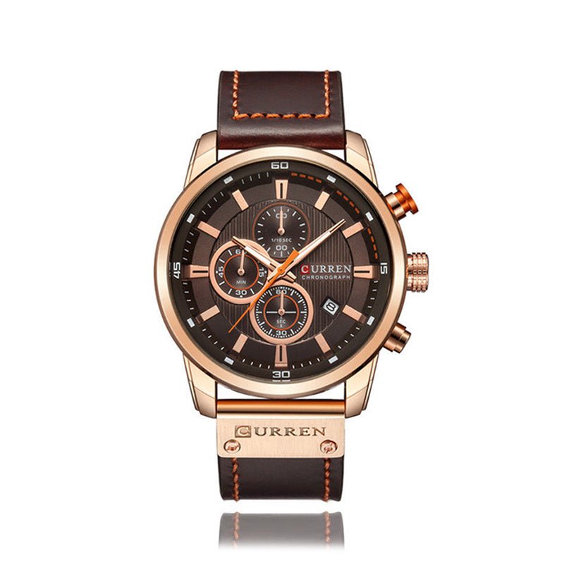 Reloj Curren Original 8291 Oro Rosa Cronógrafo con Correa Cuero Marrón - Diseño Deportivo 44mm - Curren en Perú | Jherr Jewelry