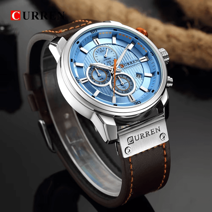 Reloj Curren Original 8291 Oro Rosa Cronógrafo con Correa Cuero Marrón - Diseño Deportivo 44mm - Curren en Perú | Jherr Jewelry