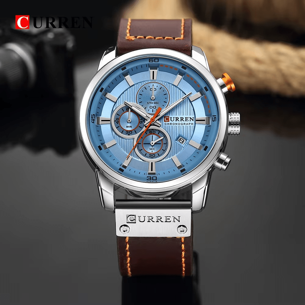 Reloj Curren Original 8291 Oro Rosa Cronógrafo con Correa Cuero Marrón - Diseño Deportivo 44mm - Curren en Perú | Jherr Jewelry