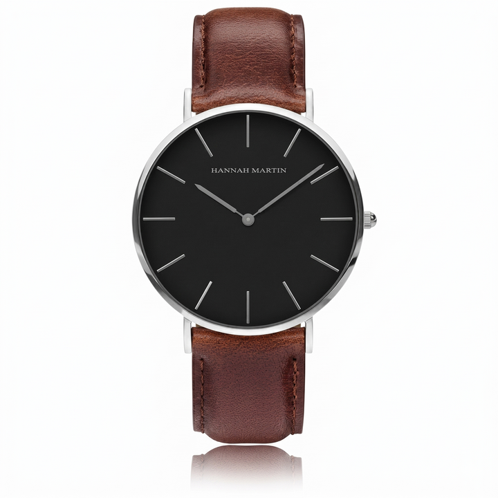 Reloj Hannah Martin Hombre Negro de Cuero Minimalista - Acero Inoxidable Premium