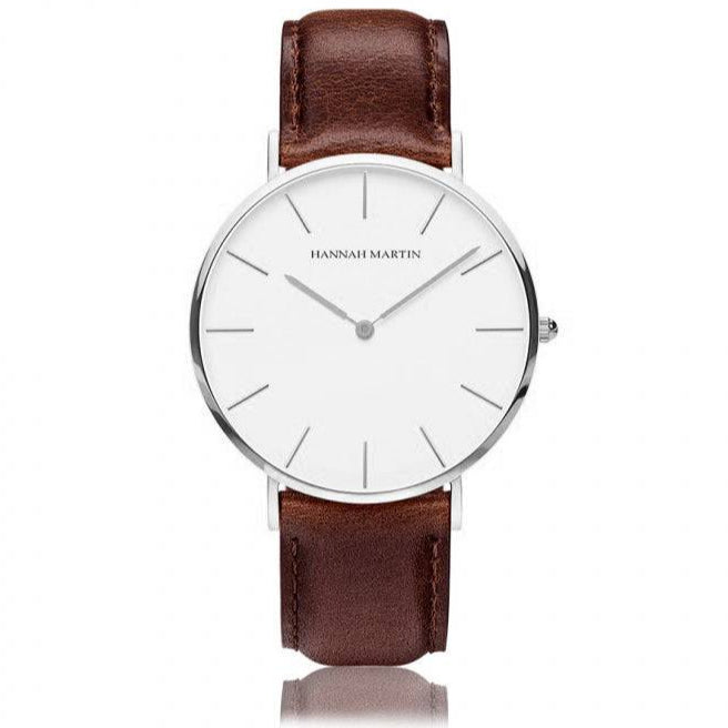 Reloj Hannah Martin Original Plata Esfera Blanca con Cuero Marrón - Diseño Clásico 40mm - Hannah Martin en Perú | Jherr Jewelry