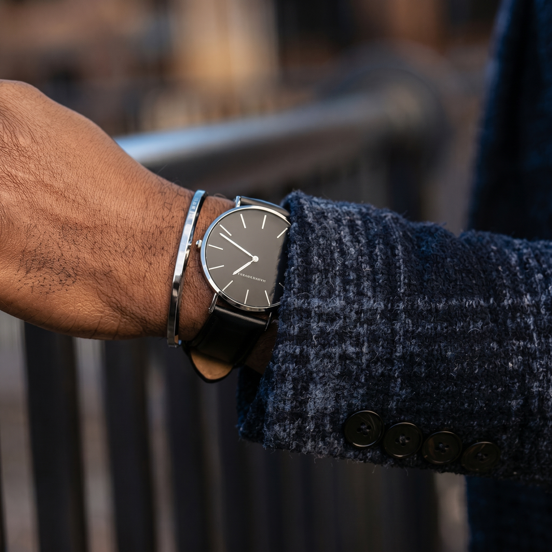 Reloj Hannah Martin Hombre Negro de Cuero Minimalista - Acero Inoxidable Premium