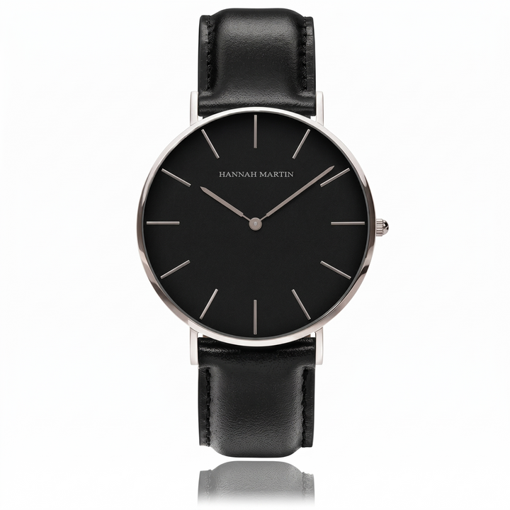 Reloj Hannah Martin Hombre Negro de Cuero Minimalista - Acero Inoxidable Premium