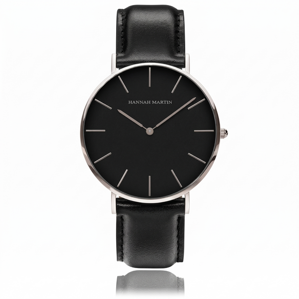 Reloj  Hombre Negro de Cuero Minimalista - Acero Inoxidable Premium