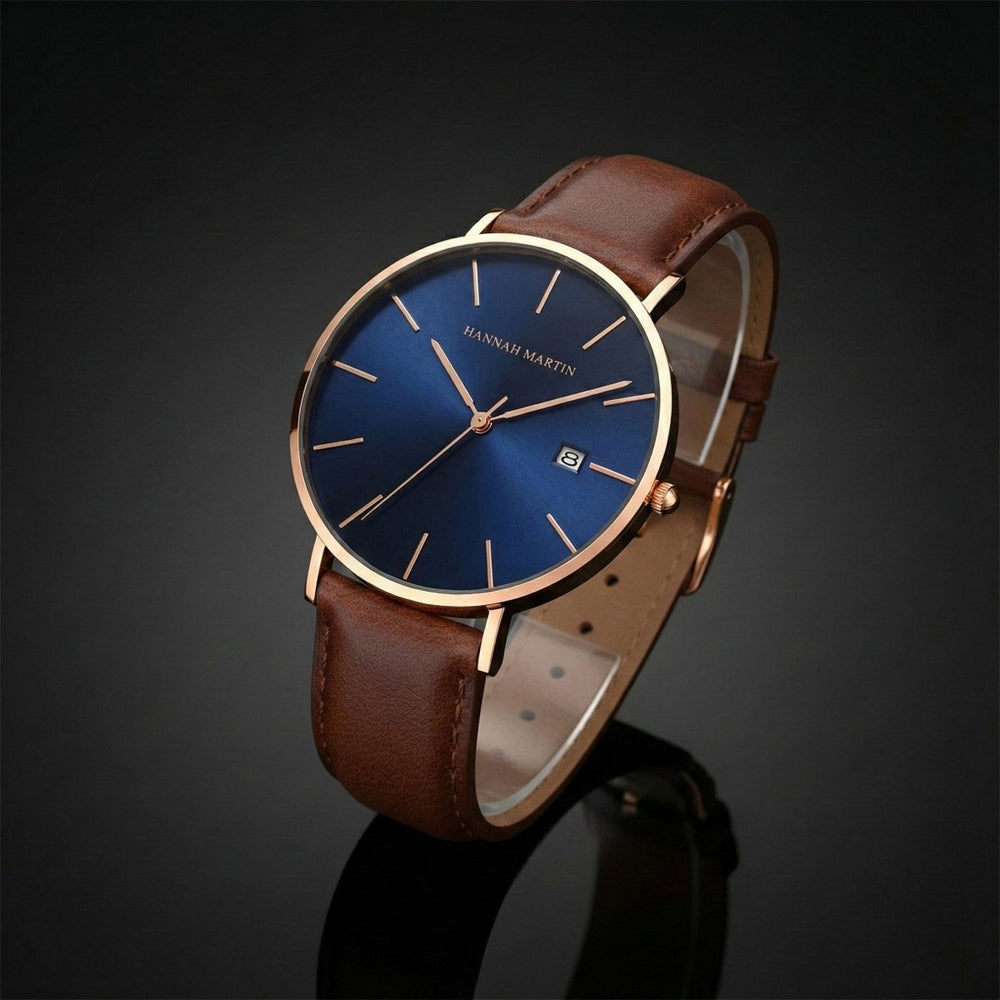 Reloj Hannah Martin Original Hombre Oro Rosa Esfera Azul y Fecha - Diseño Elegante Premium 40mm - Hannah Martin en Perú | Jherr Jewelry