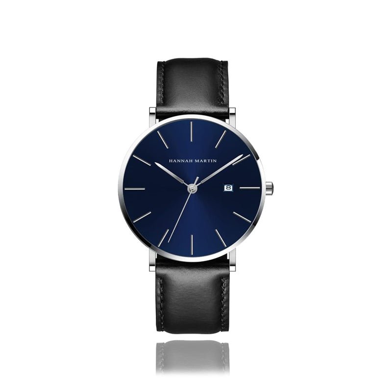 Reloj Hannah Martin Plata Esfera Azul con Cuero Marrón y Fecha - Diseño Ejecutivo 40mm - Hannah Martin en Perú | Jherr Jewelry