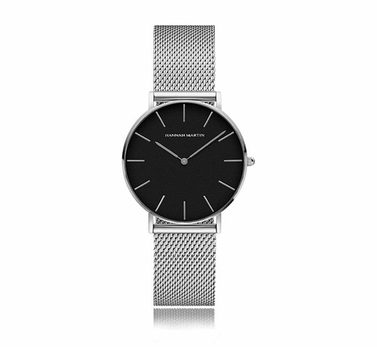 Reloj Hannah Martin Plata Esfera Negra con Correa Mesh Plateada - Diseño Minimalista 36mm - Hannah Martin en Perú | Jherr Jewelry