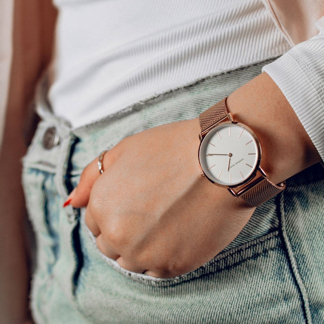 Reloj Hannah Martin Oro Rosa Mujer Esfera Blanca Mesh - Diseño Minimalista 36mm - Hannah Martin en Perú | Jherr Jewelry