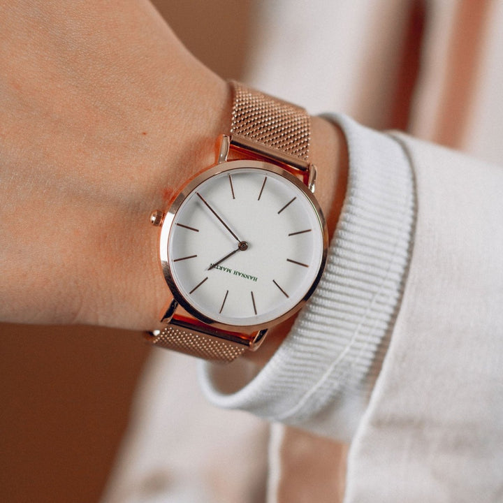 Reloj Hannah Martin Oro Rosa Mujer Esfera Blanca Mesh - Diseño Minimalista 36mm - Hannah Martin en Perú | Jherr Jewelry