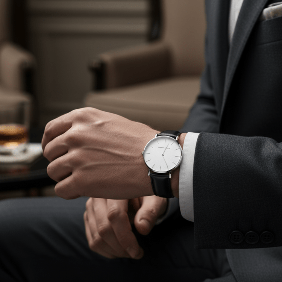 Reloj Hannah Martin Original Plata Esfera Blanca con Correa Cuero Negro - Diseño Minimalista 40mm - Hannah Martin en Perú | Jherr Jewelry