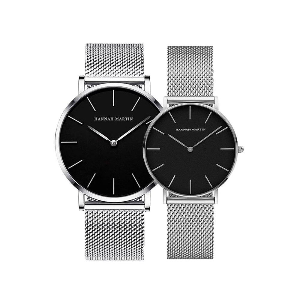 Relojes de Pareja Hannah Martin Plata Esfera Negra con Mesh Plateado - Set Coordinado 40mm/36mm - Hannah Martin en Perú | Jherr Jewelry