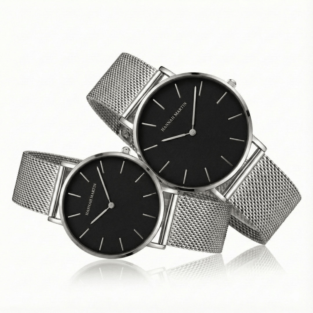 Relojes de Pareja Hannah Martin Plata Esfera Negra con Mesh Plateado - Set Coordinado 40mm/36mm - Hannah Martin en Perú | Jherr Jewelry