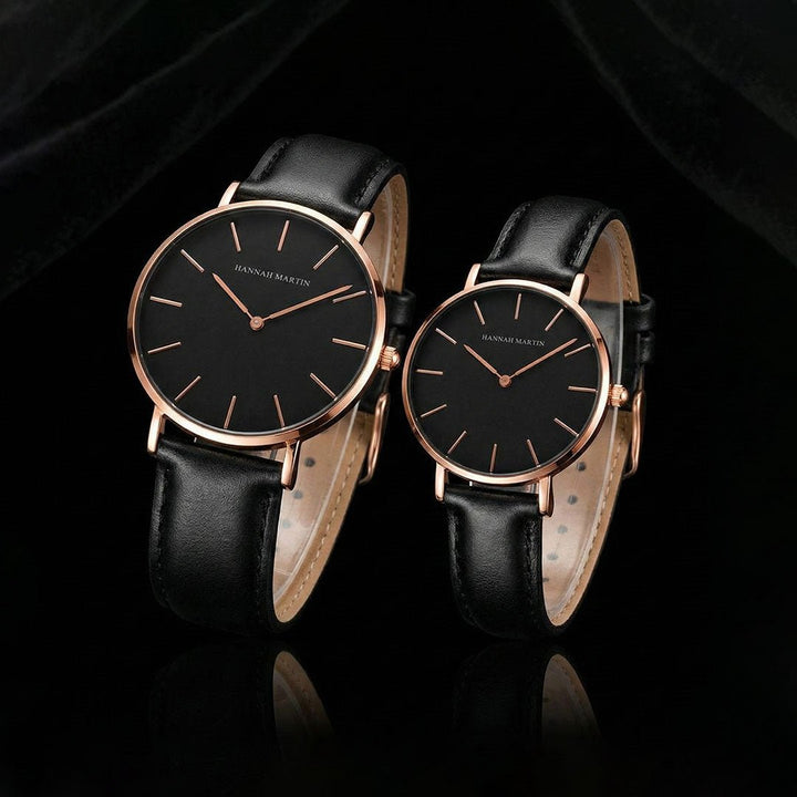 Relojes de Pareja Hannah Martin Rose Gold Esfera Negra con Cuero Negro - Set Sofisticado 40mm/36mm - Hannah Martin en Perú | Jherr Jewelry