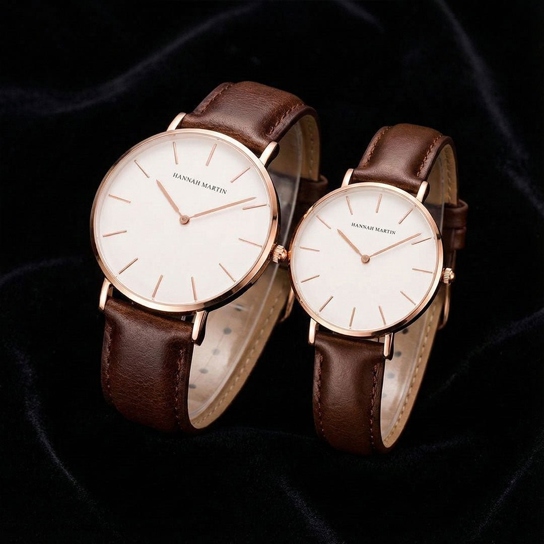 Relojes de Pareja Hannah Martin Rose Gold Cuero Marrón - Conjunto Elegante 40mm/36mm - Hannah Martin en Perú | Jherr Jewelry