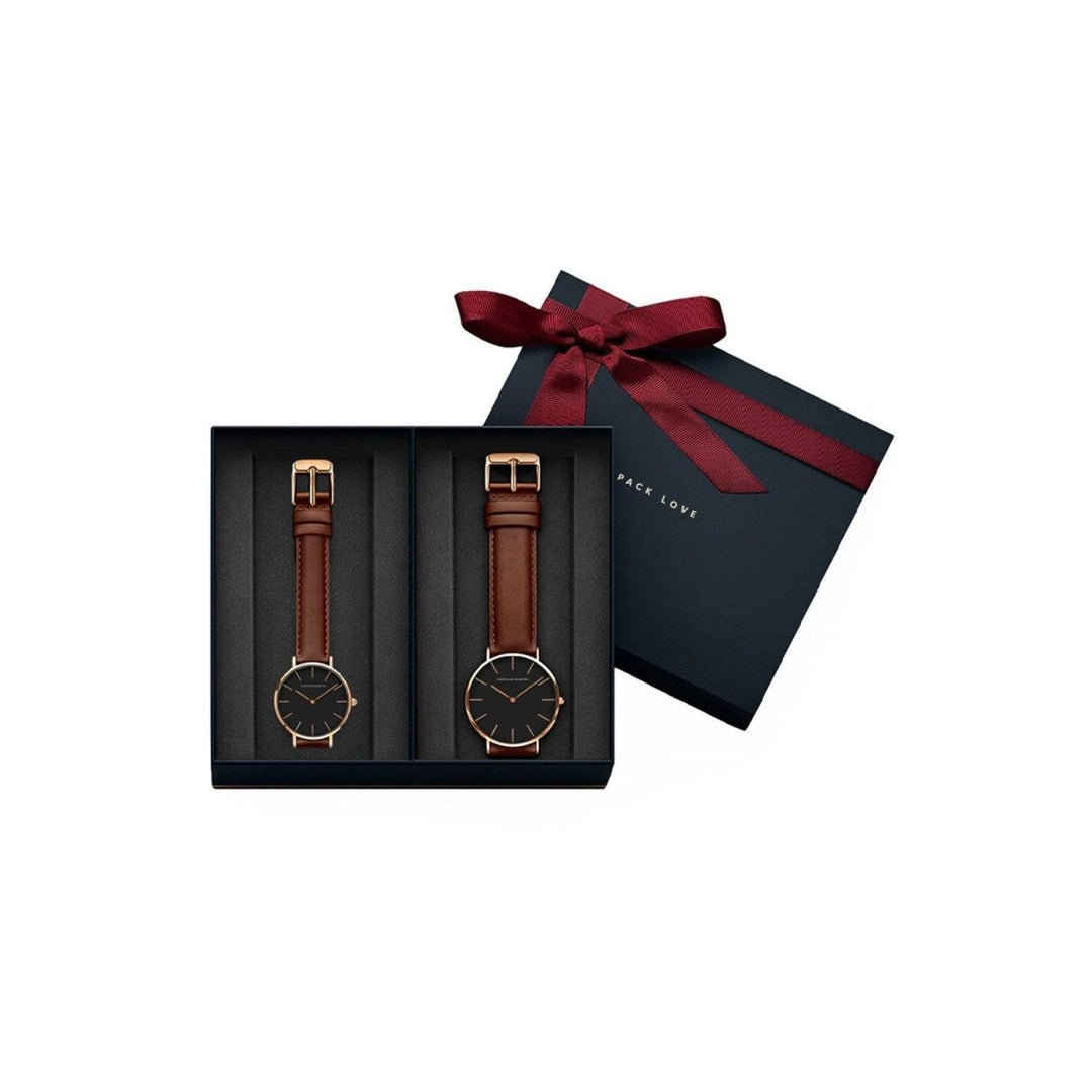 Relojes de Pareja Hannah Martin Rose Gold Esfera Negra con Cuero Marrón - Set Coordinado 40mm/36mm - Hannah Martin en Perú | Jherr Jewelry