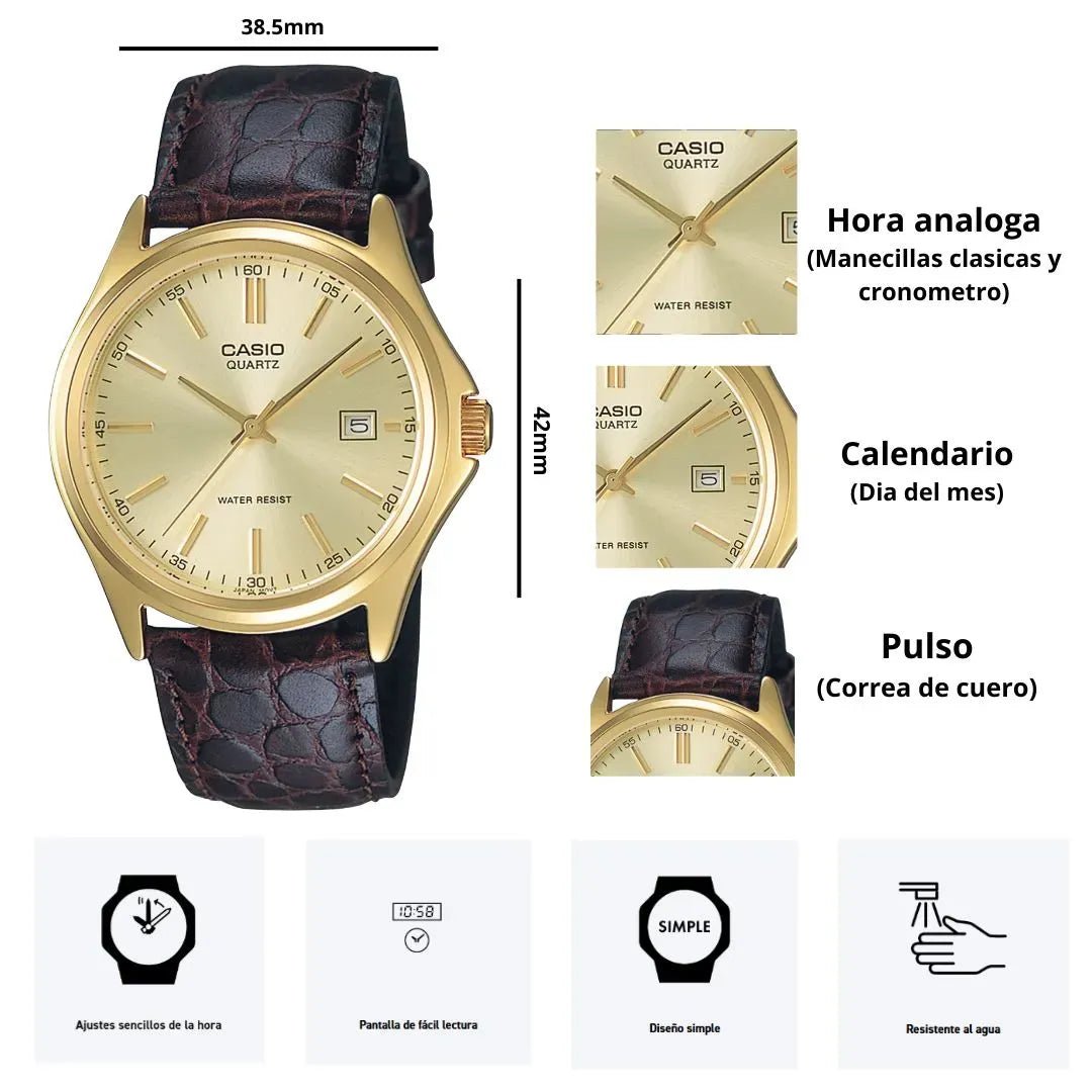 Reloj Casio MTP-1183Q-9A Dorado Elegante - Esfera Champagne con Correa de Cuero Genuino - Casio en Perú | Jherr Jewelry
