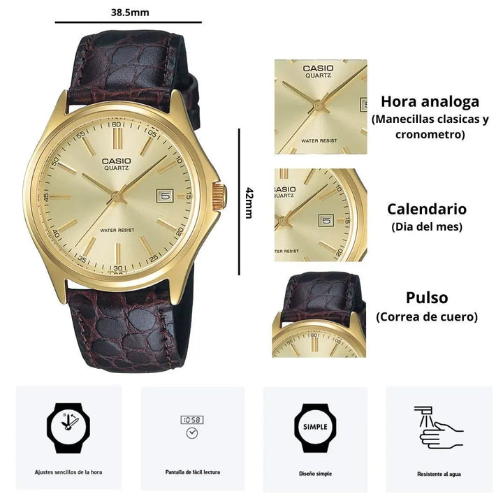 Reloj Casio MTP-1183Q-9A Dorado Elegante - Esfera Champagne con Correa de Cuero Genuino - Casio en Perú | Jherr Jewelry